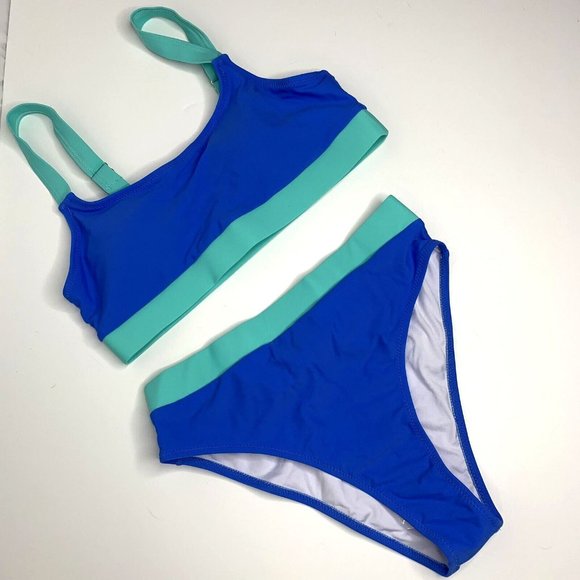 Womens High Waisted Cheeky Bikini Swimsuit Size Small Blue Teal - Picture 4 of 12